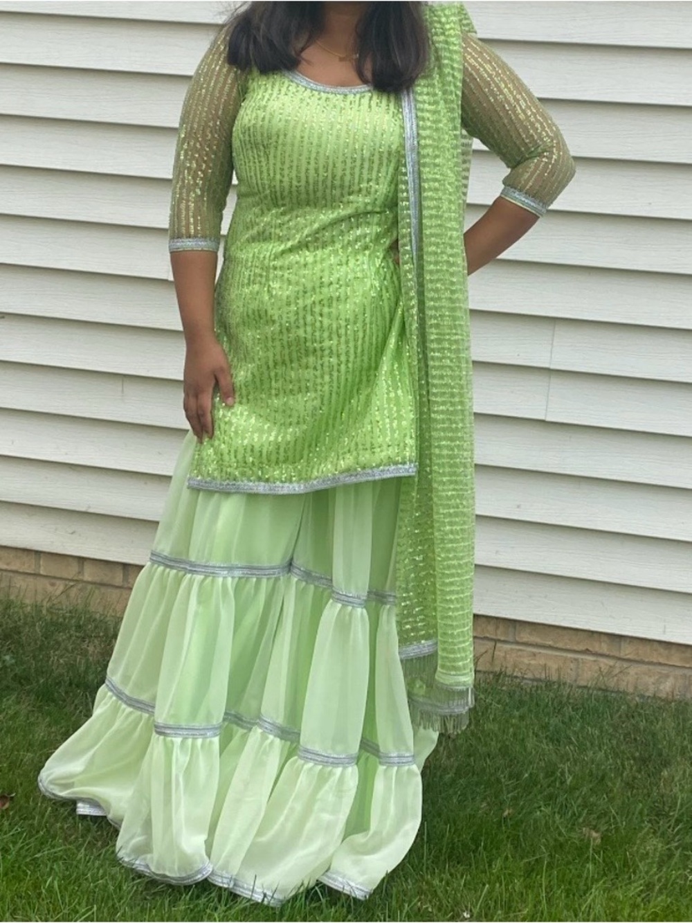 India Boutique Light Green Sequined Sharara Salwar Set